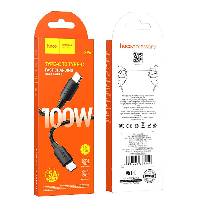 Cablu date și încărcare USB-C la USB-C, PD 6A, 100W, 1m, Hoco X96, negru