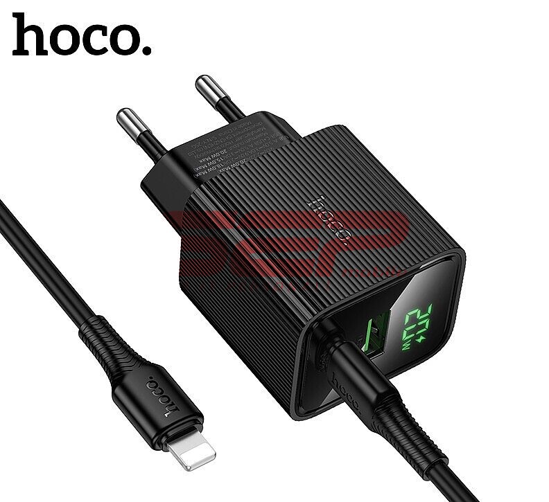 Incarcator retea Fast Charge USB-A + USB-C cu cablu Lightning 20W si display digital Hoco. CS83A