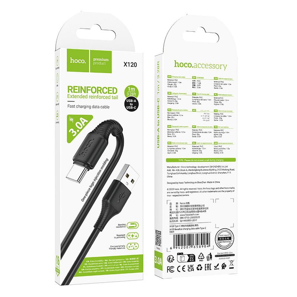 Cablu date și încărcare USB-A la USB-C, 3A, 1m, Hoco X120 ,negru