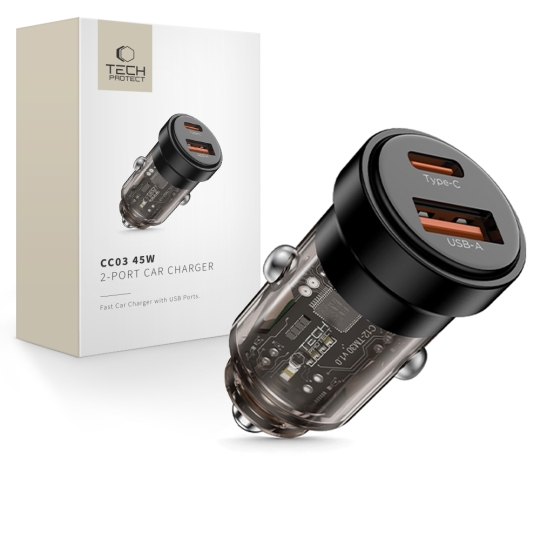 Încărcător auto Tech-Protect CC03 cu 2 porturi USB-A, USB-C PD 45W / QC 3.0, negru