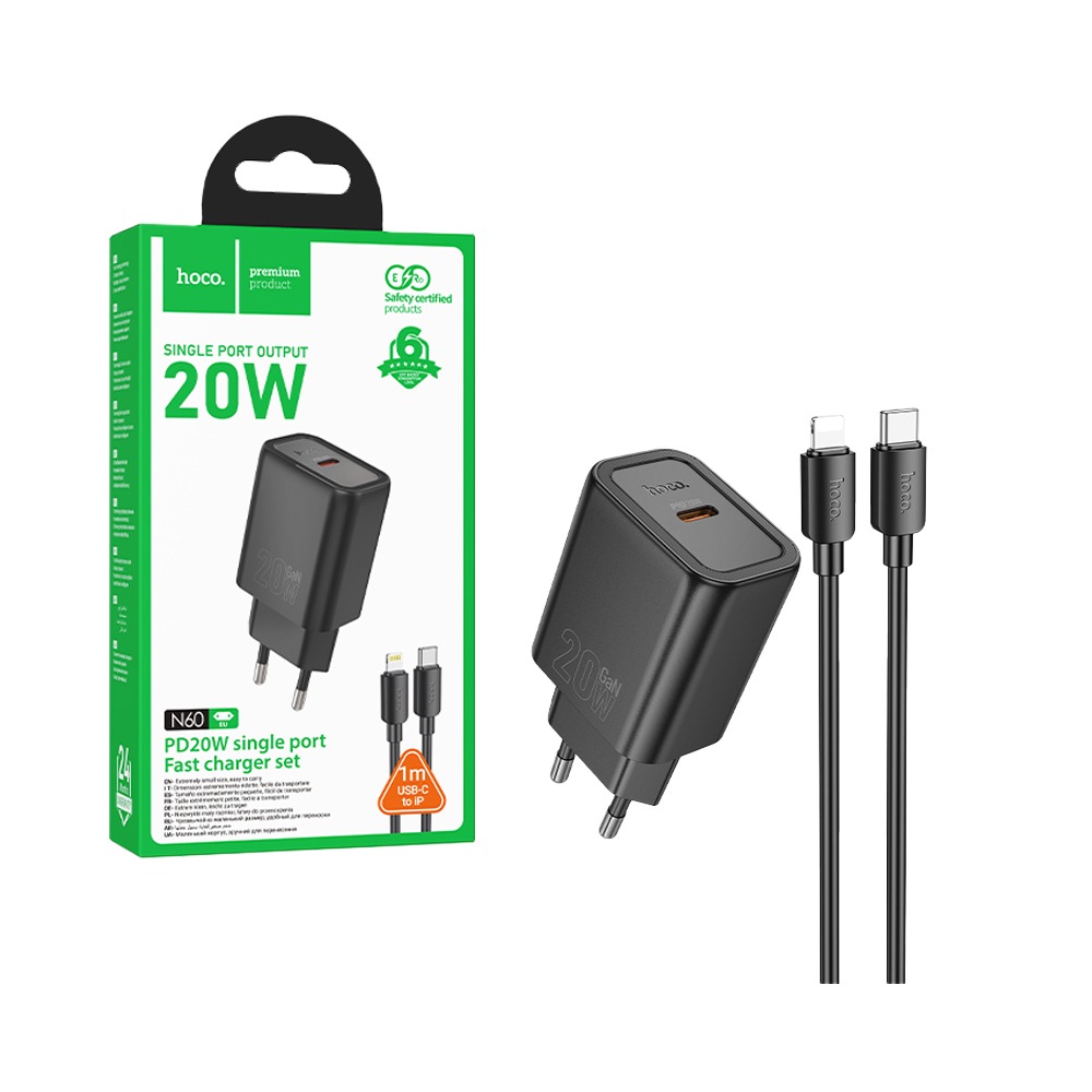 Încărcător telefon hoco. USB-C QC PD 20W + cablu USB-C la Lightning N60, negru
