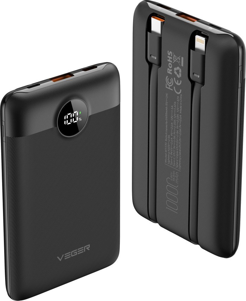 Baterie externă VEGER 10.000 mAh cu cabluri încorporate Tip C / Lightning PD QC3.0 2A 22.5W, C11 (W1170), negru