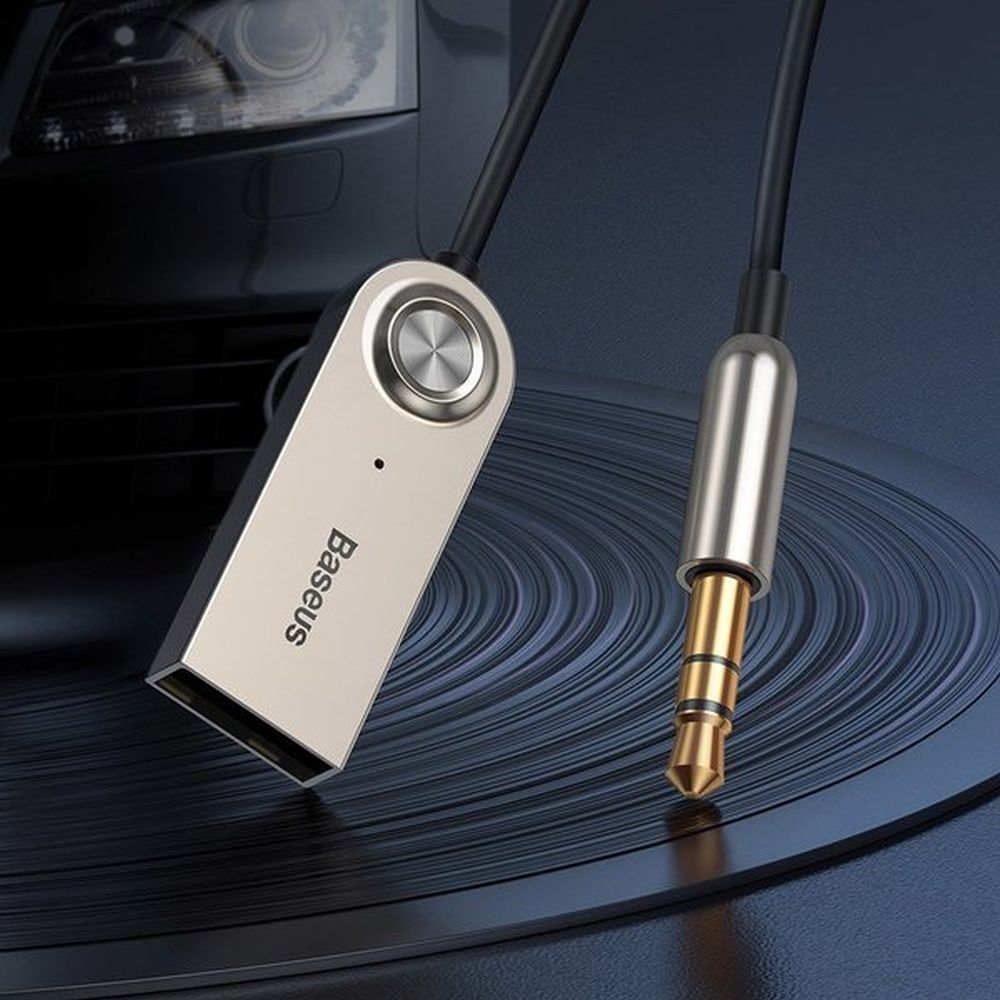 Receptor audio bluetooth 5.0 Baseus BA01 pentru mașină, Adaptor AUX Jack 3.5mm, alimentare USB, Microfon Incorporat Handsfree, Cablu Spiralat, Negru