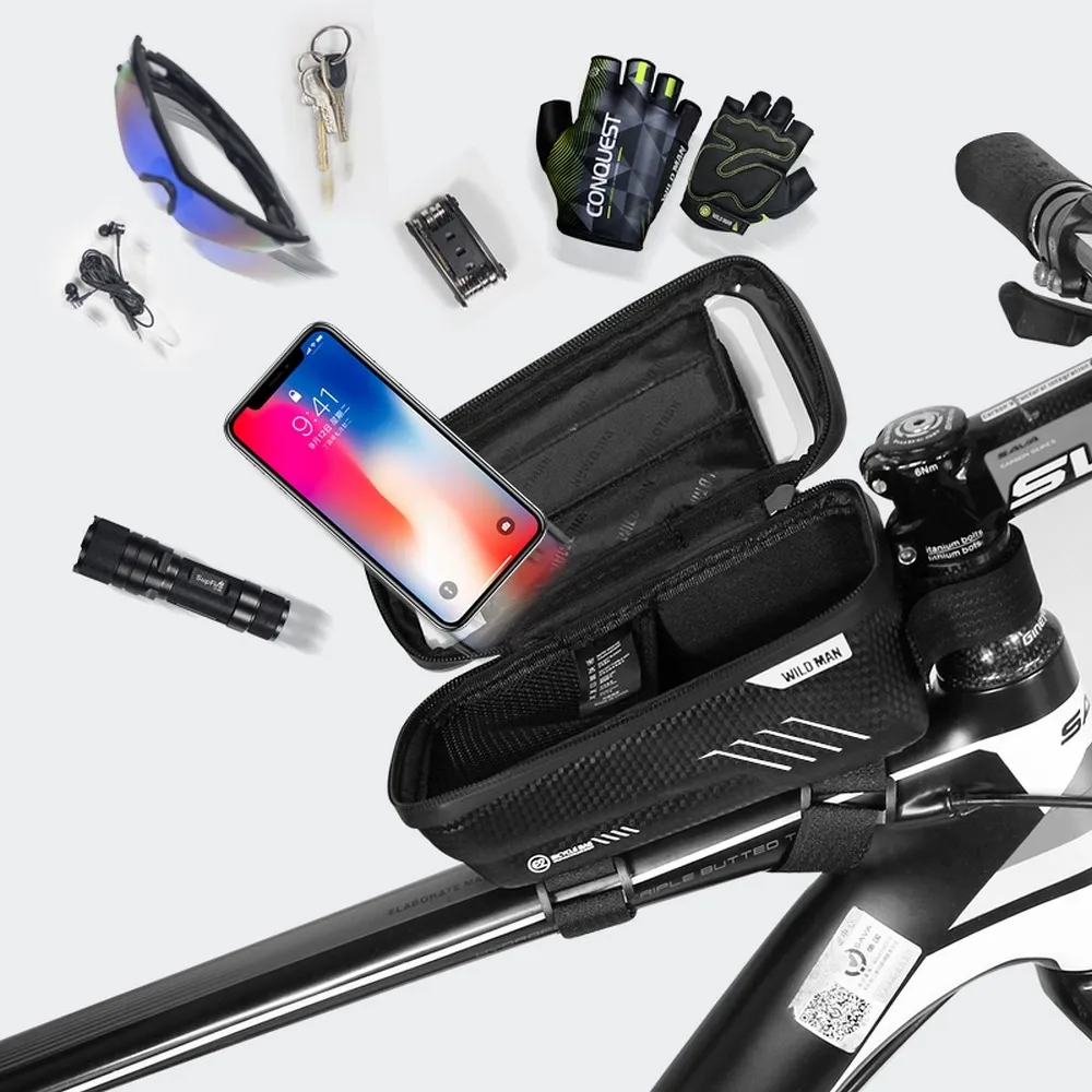 Suport telefon bicicletă cu husă și geantă de depozitare pe cadru WildMan, carcasă rigidă impermeabilă, negru