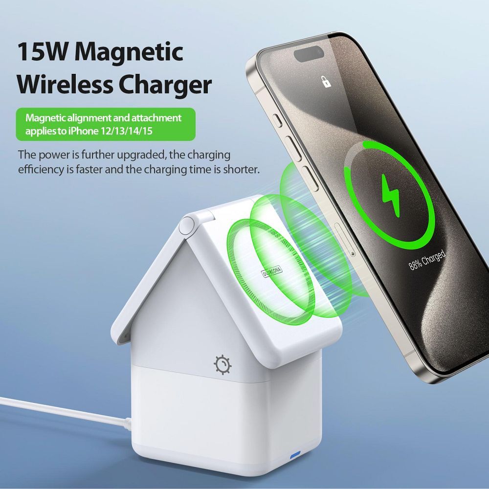 Încărcător wireless DUZZONA 4 în 1, 15W, alb