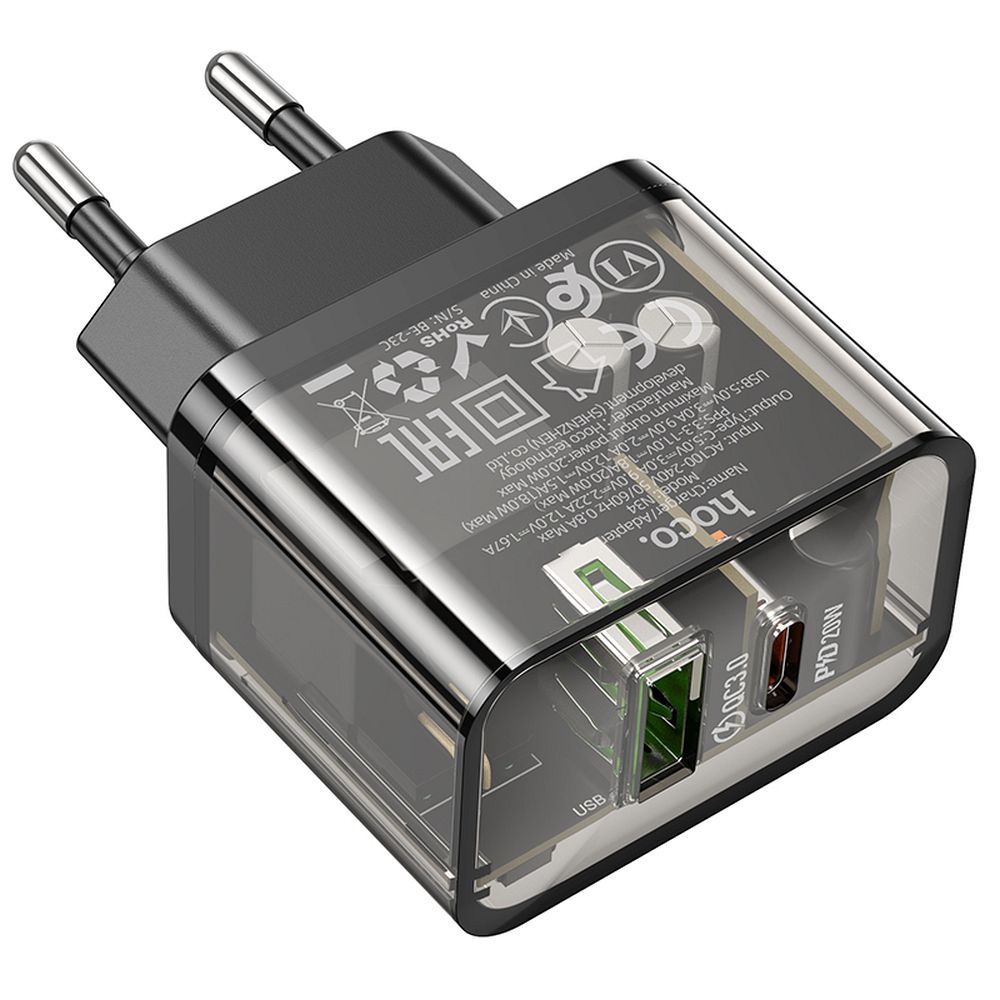 Încărcător telefon USB-A + USB-C, QC3.0 PD 3A, 20W, Hoco N34, transparent
