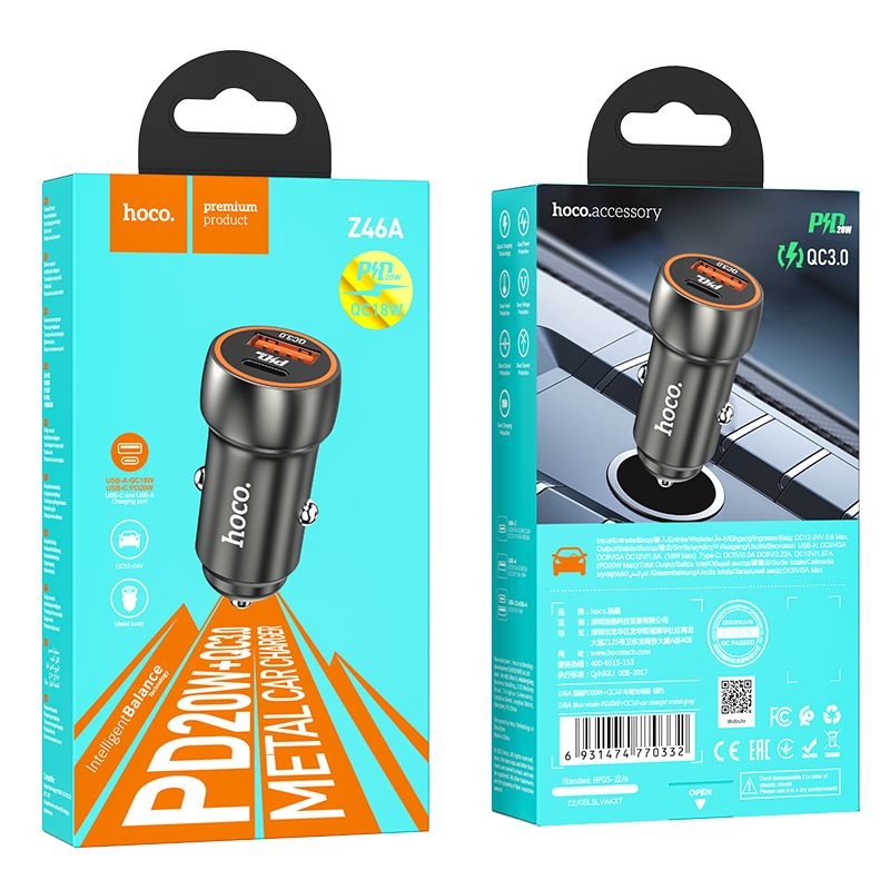 Încărcător auto USB-A și USB-C, QC3.0 PD, 20W, Hoco Z46A, gri