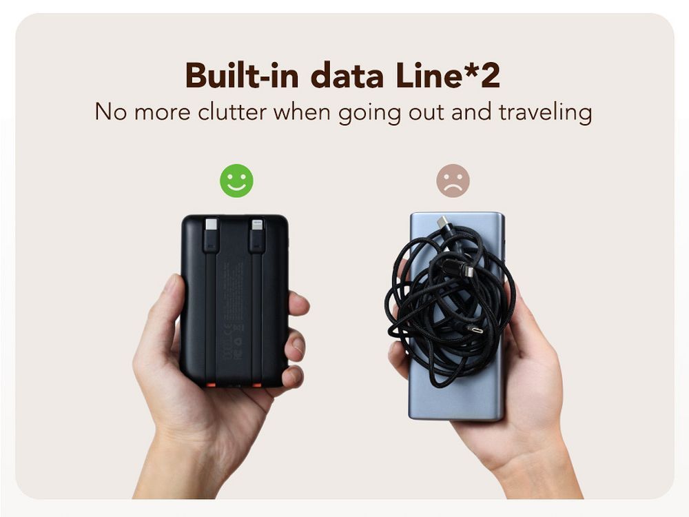 Baterie externă VEGER 10.000 mAh cu cabluri încorporate Tip C / Lightning PD QC3.0 2A 22.5W, C11 (W1170), negru