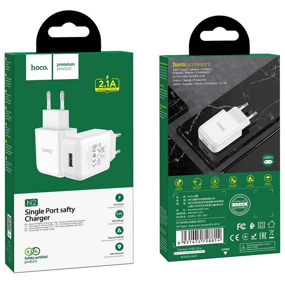 Încărcător de telefon Hoco, USB-A 2A 10W N2, alb