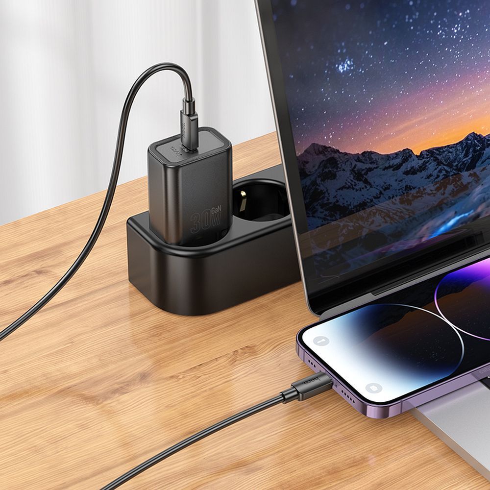 Încărcător telefon USB-C cu cablu USB-C la Lightning, PD QC 30W, 1m, Hoco N62, negru