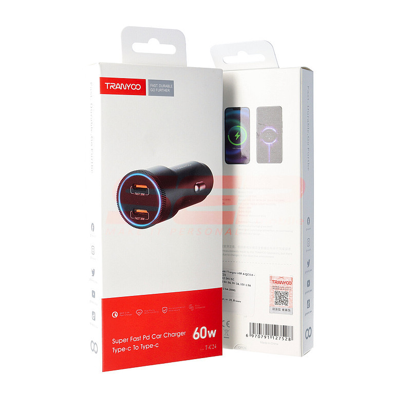 Incarcator auto Dual USB-C 2 x PD 5.0 TRANYOO 60W T-C24
