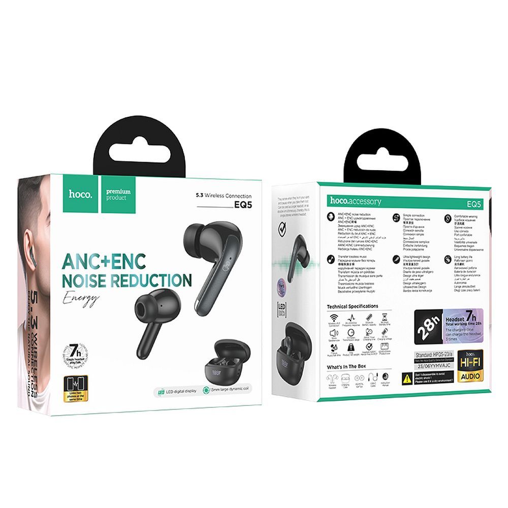 Căști wireless TWS ANC + ENC, Hoco EQ5, negre