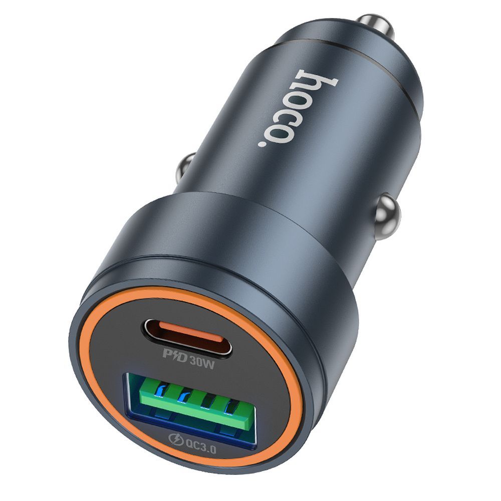 Încărcător auto USB-A + USB-C PD QC3.0, 3A, 30W, Hoco Z57A, gri metalizat