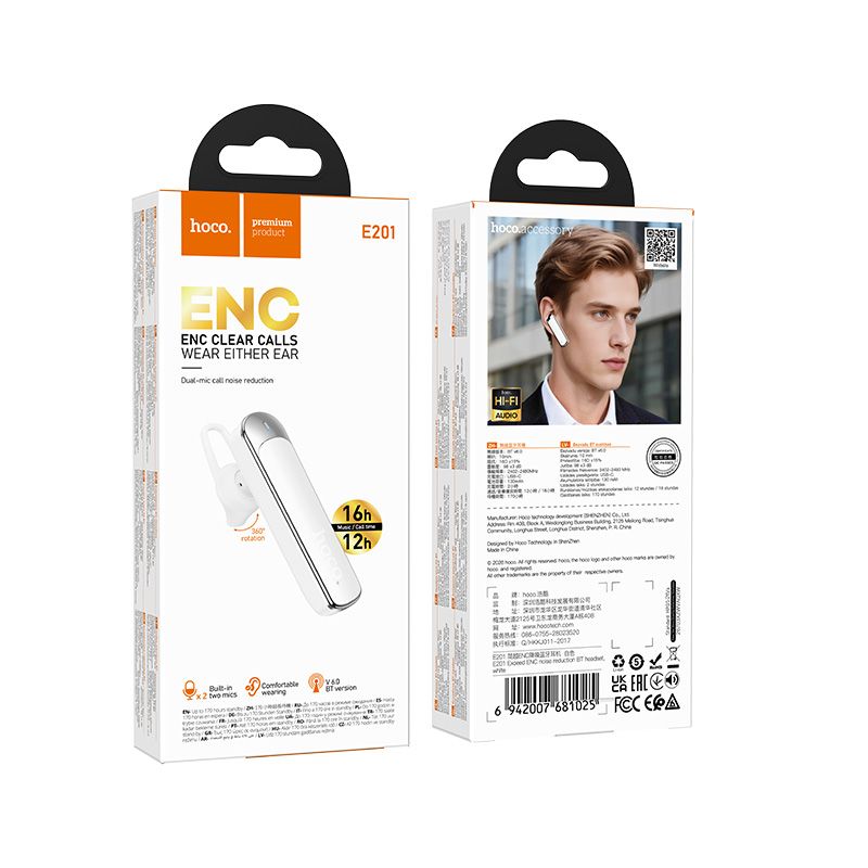 Cască Bluetooth / Wireless, ENC, BT 6.0, 130mah, Hoco E201, alb