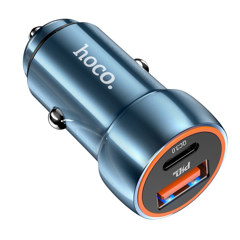Încărcător auto USB-A + USB-C, PD QC3.0, 3A, 20W, Hoco Z46A, albastru safir