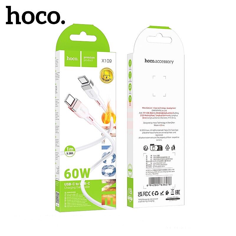 Cablu date soft silicone Type-C - Type-C 60W Hoco X109 WHITE