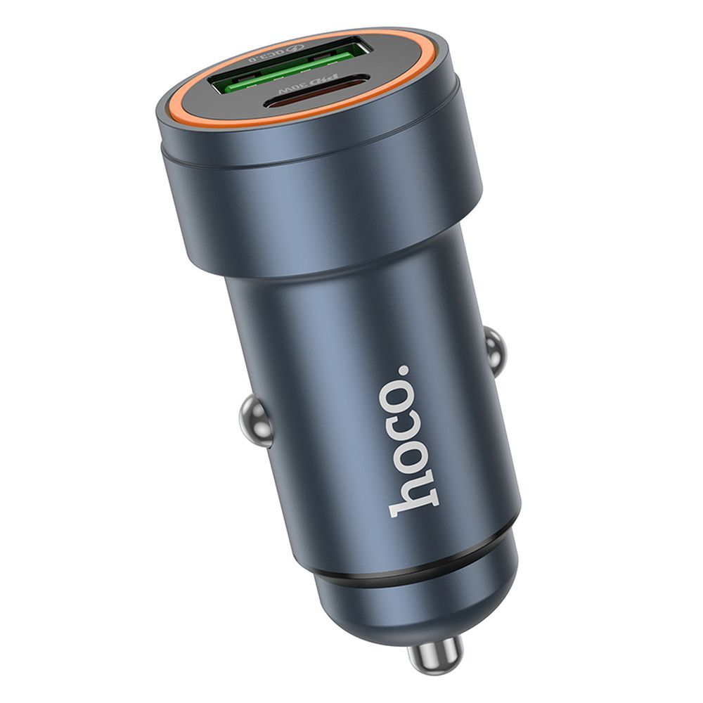 Încărcător auto USB-A + USB-C PD QC3.0, 3A, 30W, Hoco Z57A, gri metalizat