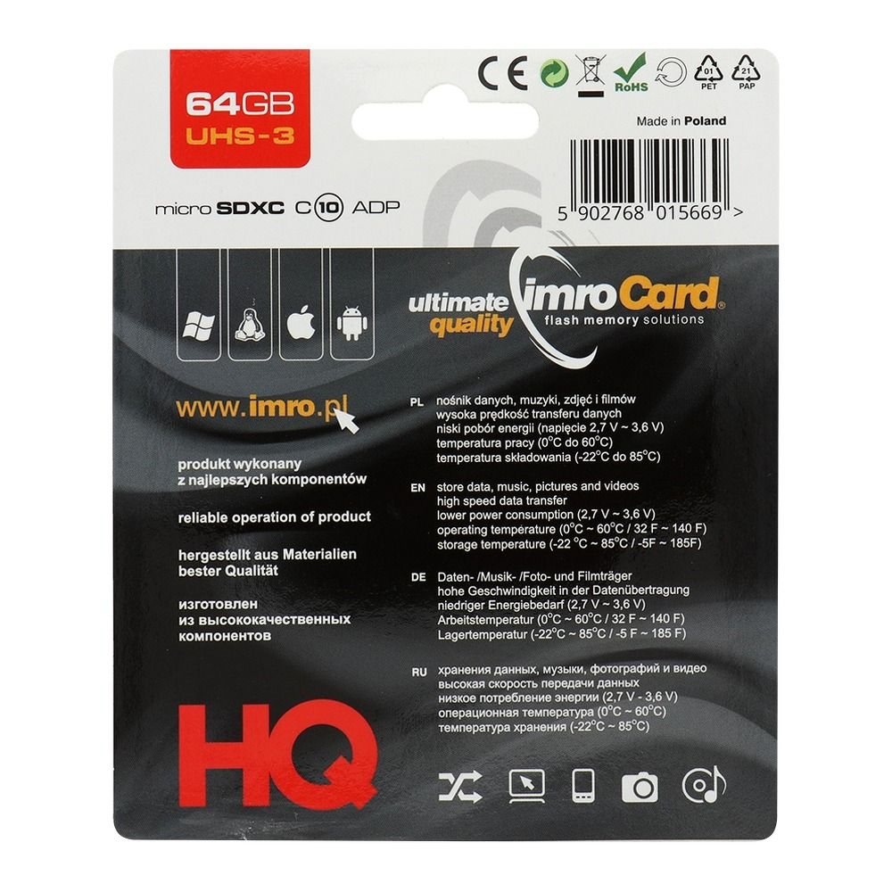 Card de memorie IMRO microSD 64GB 100MB/s clasa 10 UHS 3 cu adaptor SD