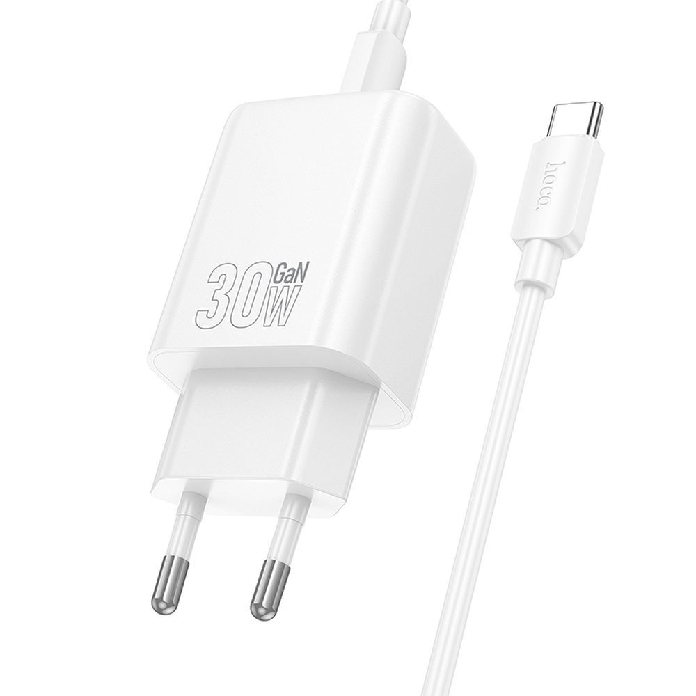 Încărcător telefon USB-A și USB-C + cablu USB-C la USB-C, PD QC3.0 3A 30W, 1m, Hoco N63, alb