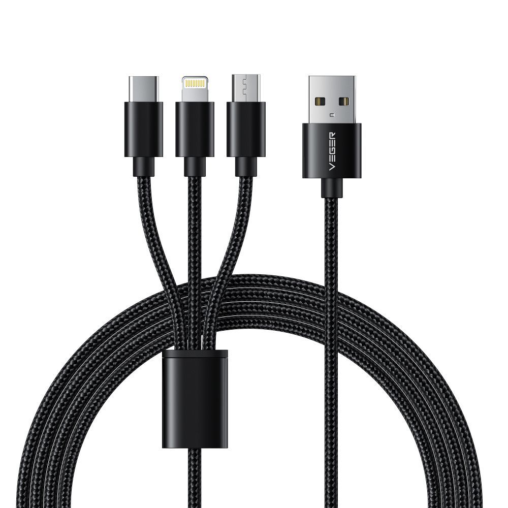 Cablu date 3 in 1 Veger, USB-A la USB C / Lightning / Micro-USB, 1.2 m, negru