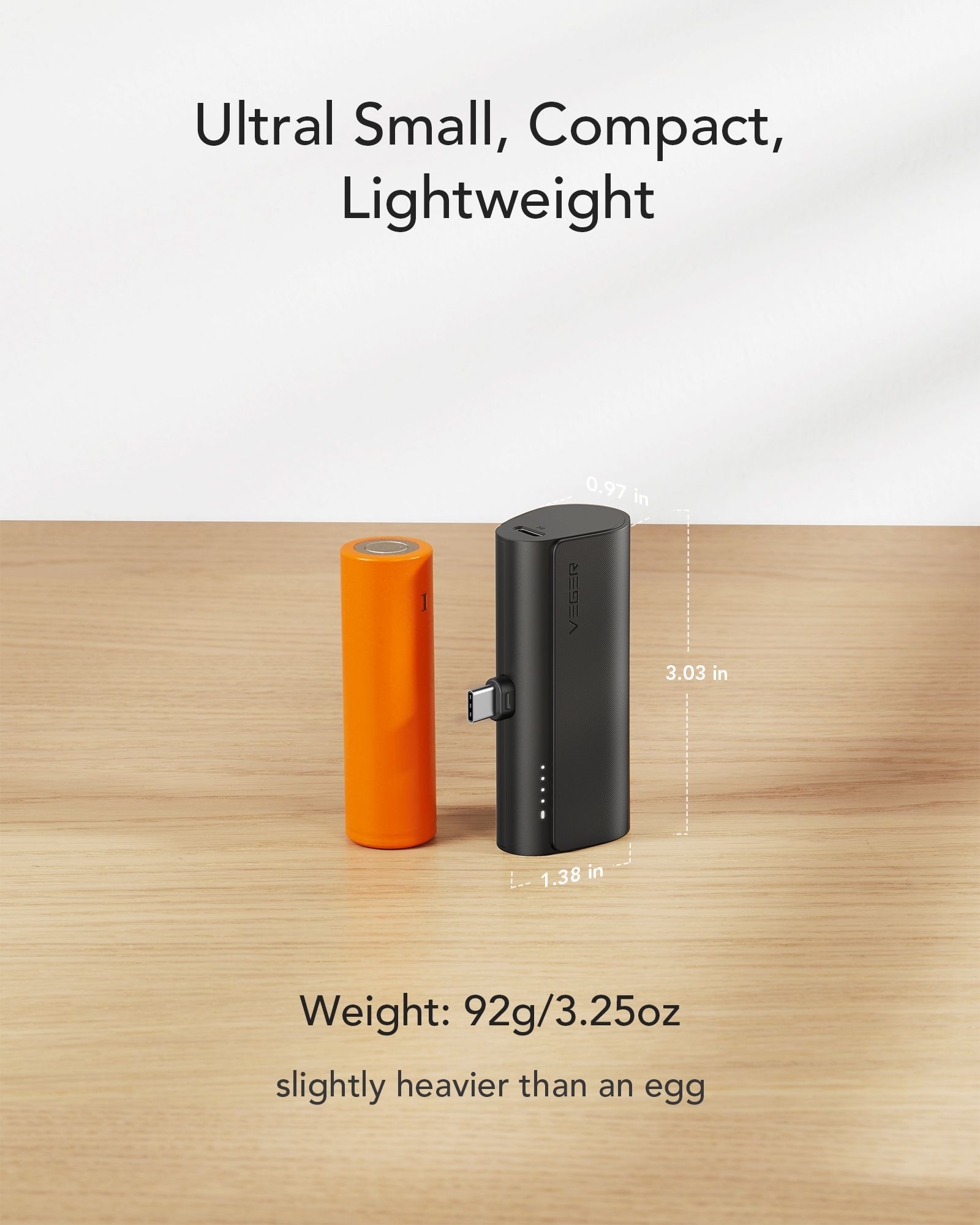 PowerBank VEGER 20W, 5.000 mAh cu adaptor Type-C încorporat, negru