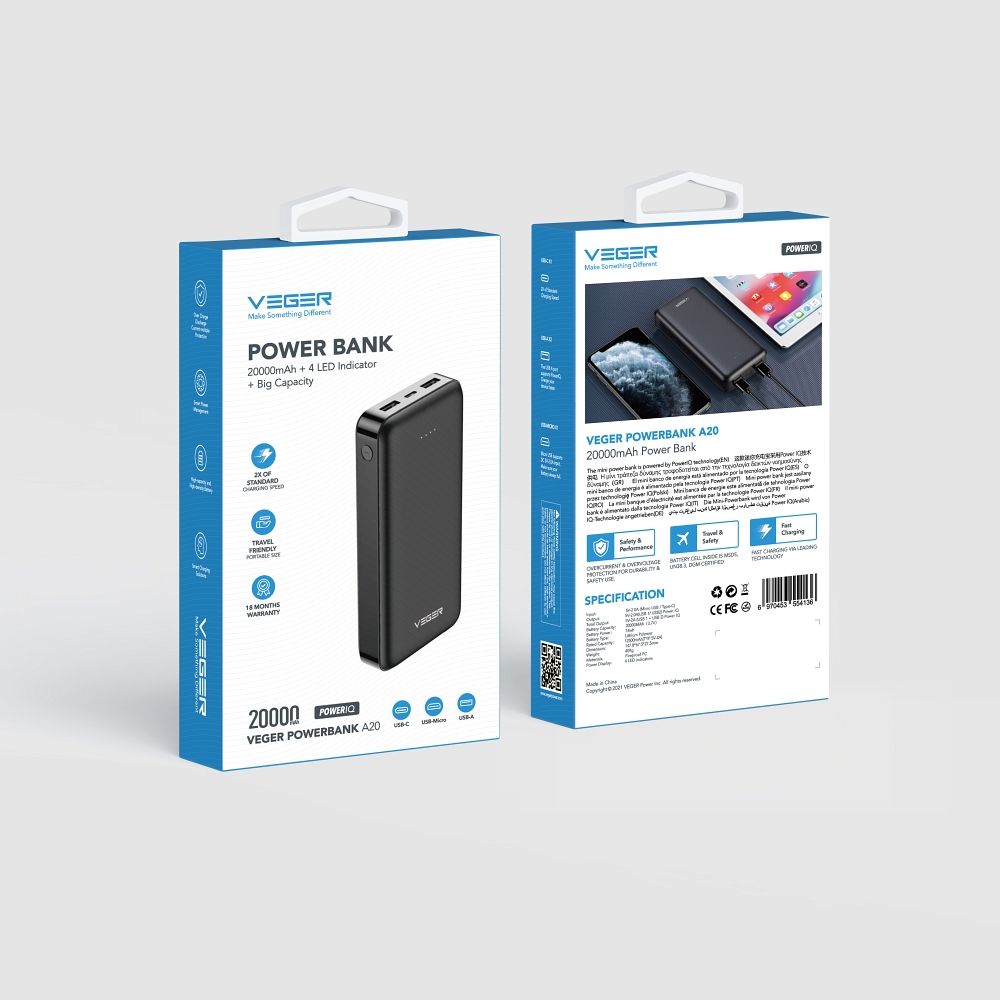 PowerBank VEGER 20.000 mAh, negru