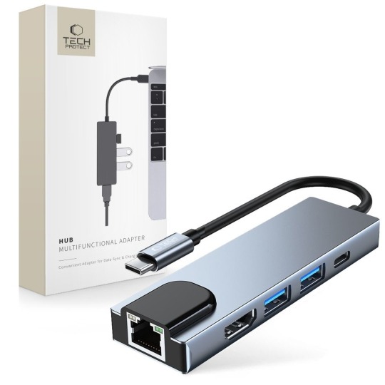 Hub USB-C 5 în 1 Tech-Protect V3, Aluminiu, HDMI 4K, RJ45 Gigabit Ethernet, USB-C Power Delivery, 2x USB 3.0, gri