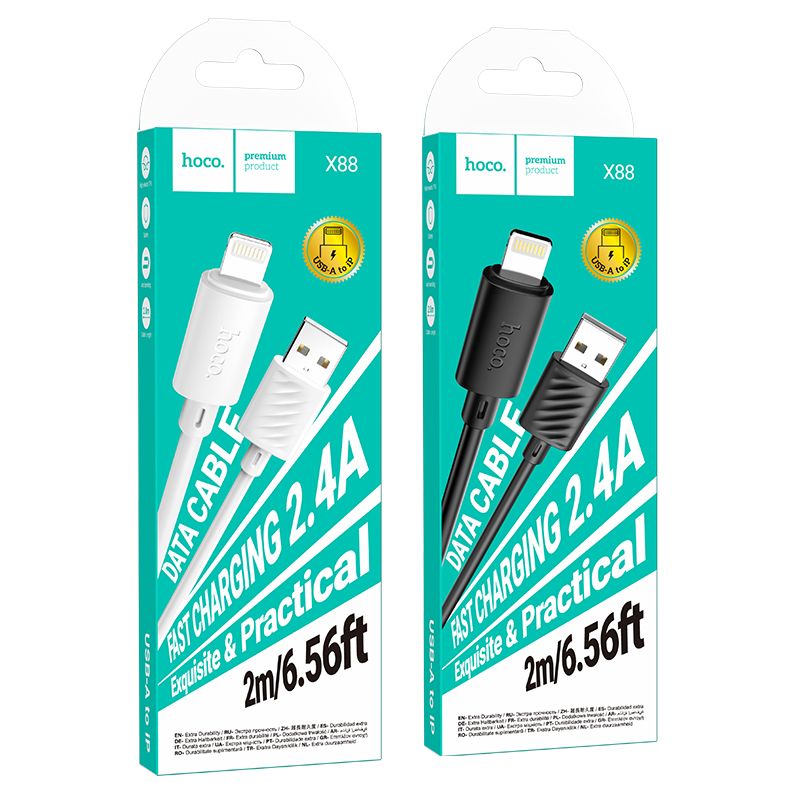 Cablu de încărcare hoco. USB-A la Lightning, 2.4A, 2 m, X88, alb