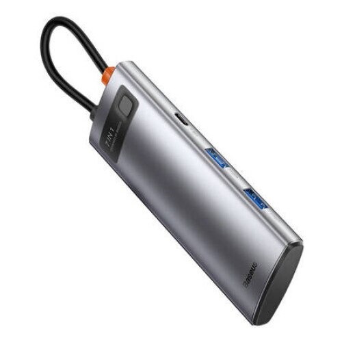 Adaptor HUB multifunctional aluminiu 7in1 Baseus Metal Gleam, 2x USB, 1x USB-C, 1x HDMI 4K, 1x TF, 1x PD, 1x cititor de carduri, gri