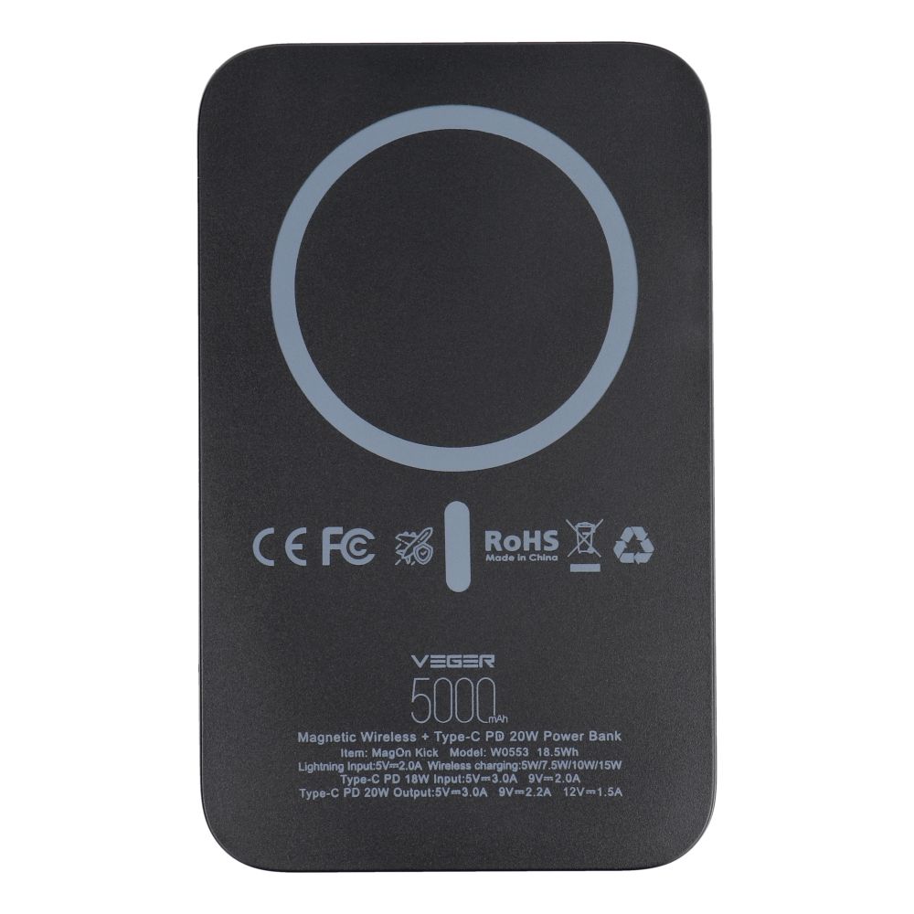 Baterie externă / PowerBank VEGER 5000 mAh cu încărcare inductivă compatibilă cu MagSafe PD QC3.0 2A 20W MagOn Kick (V0553P / W0553P), negru