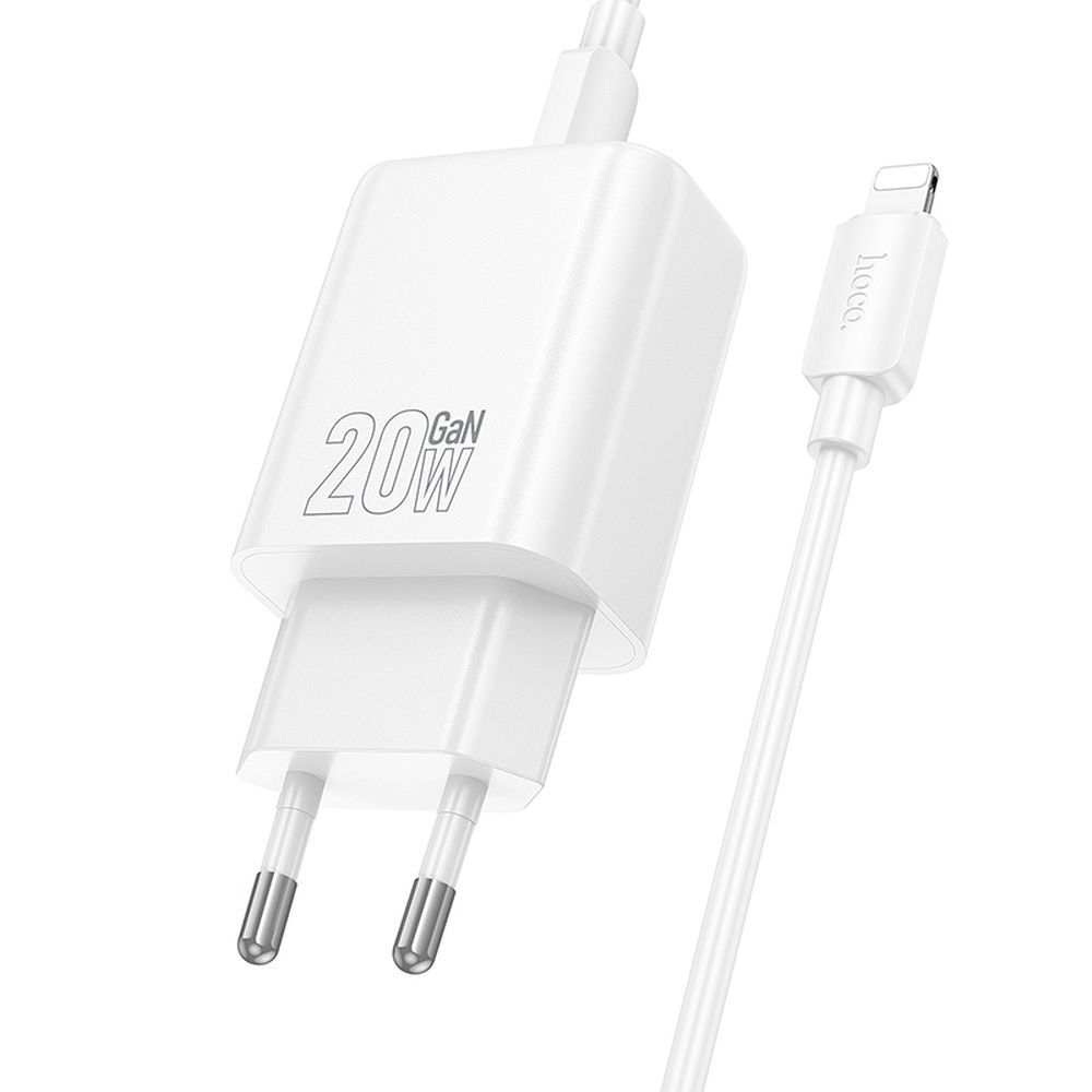 Încărcător telefon USB-A + USB-C cu cablu USB-C la Lightning, QC3.0 PD, 3A, 20W, Hoco N61, alb