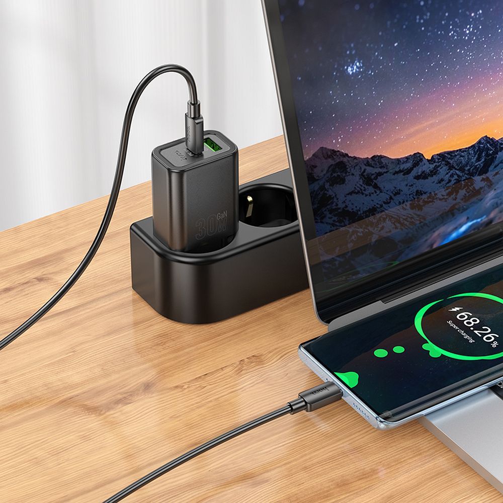 Încărcător rețea hoco. USB-A și USB-C, PD QC3.0 3A, 30W, N63, negru