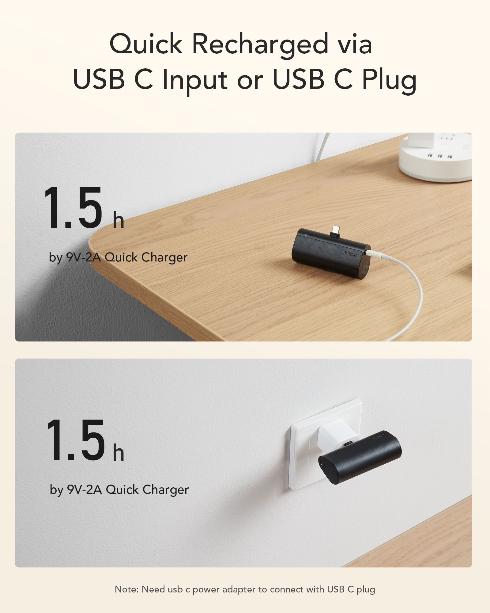 PowerBank VEGER 20W, 5.000 mAh cu adaptor Type-C încorporat, negru