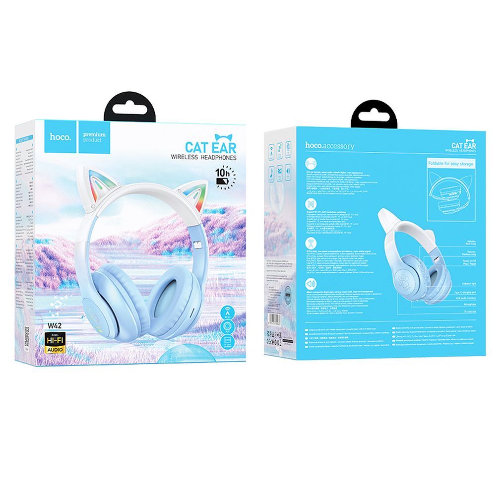 Căști pentru copii bluetooth wireless, Hoco W42, Cat Ears, albastre