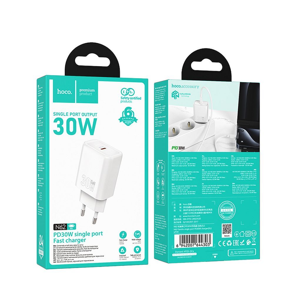 Încărcător telefon USB-C QC, PD 30W, Hoco N62, alb