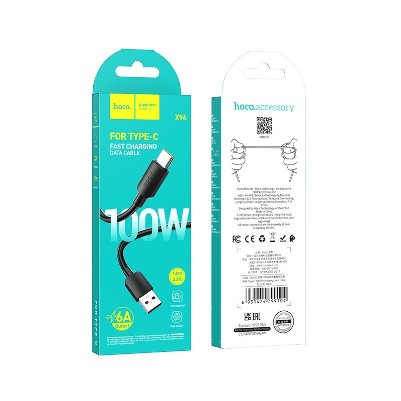 Cablu date și încărcare USB-A la USB-C, PD 6A, 100W, 1m, Hoco X96, negru