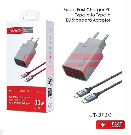 Incarcator retea Super Fast Charge USB-A + USB-C - Type-C 30W TRANYOO T-EU13 C