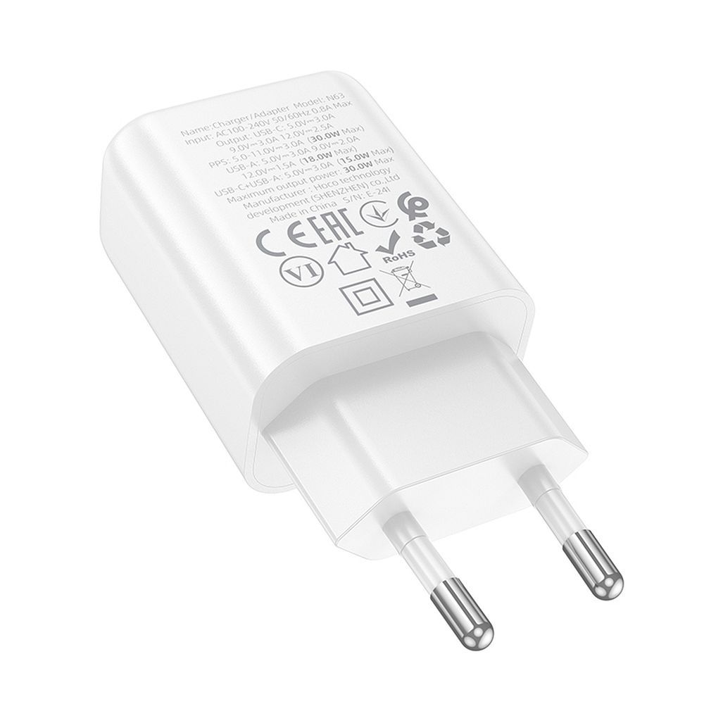 Încărcător telefon hoco. USB-A și USB-C, PD QC3.0 3A, N63, 30W, alb