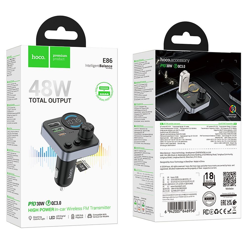 Transmițător / modulator FM auto Bluetooth hoco. 2 x USB A + USB C QC3.0 PD 48W E86 negru