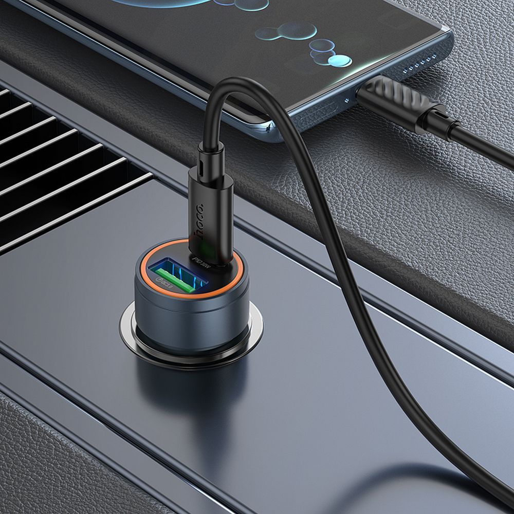 Încărcător auto USB-A + USB-C PD QC3.0, 3A, 30W, Hoco Z57A, gri metalizat
