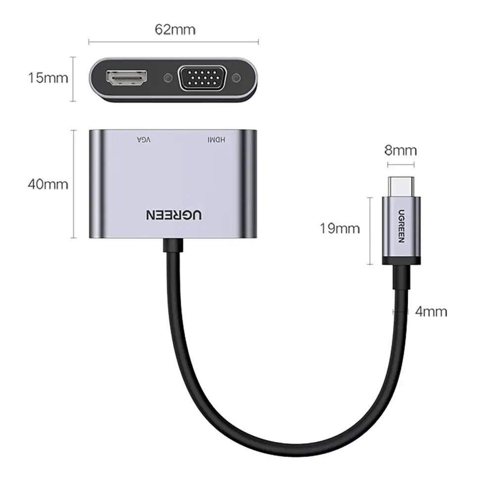 Adaptor video UGREEN CM162 USB-C tata – VGA / HDMI mama, 4K, 30Hz, 2 moduri, 100W, 25cm, silver