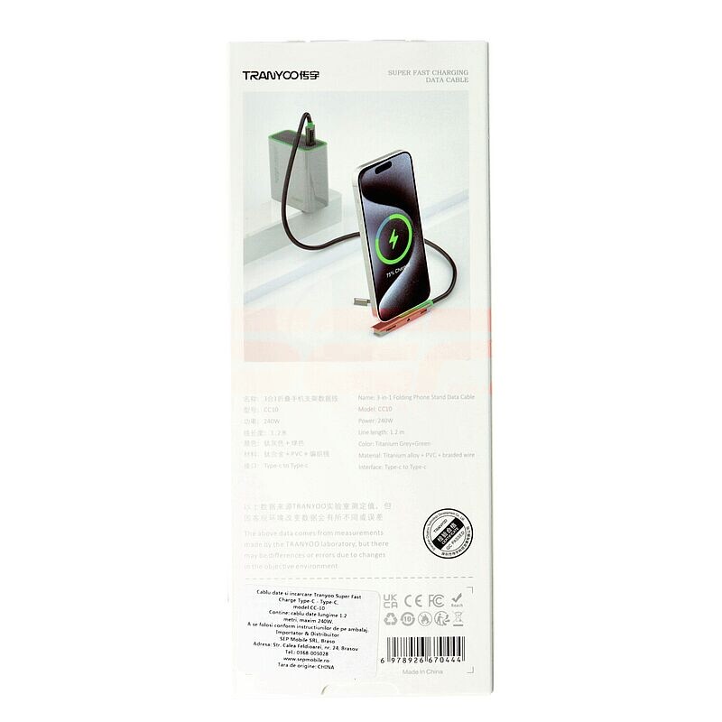 Cablu date cu functie stand Type-C - Type-C 240W Fast Charge TRANYOO CC10