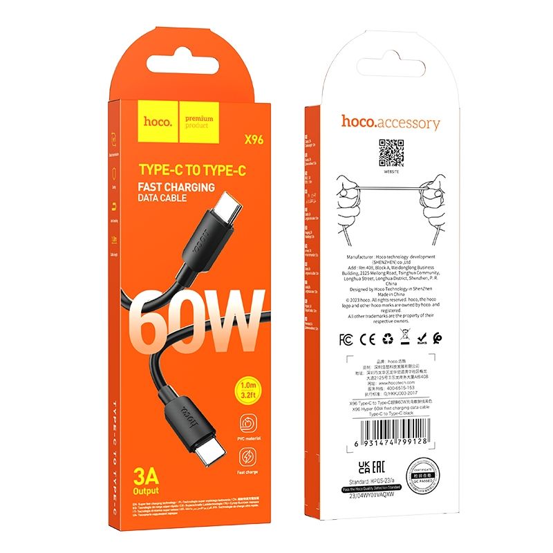 Cablu date și încărcare USB-C la USB-C, 3A, 60W, 1m, Hoco X96, negru