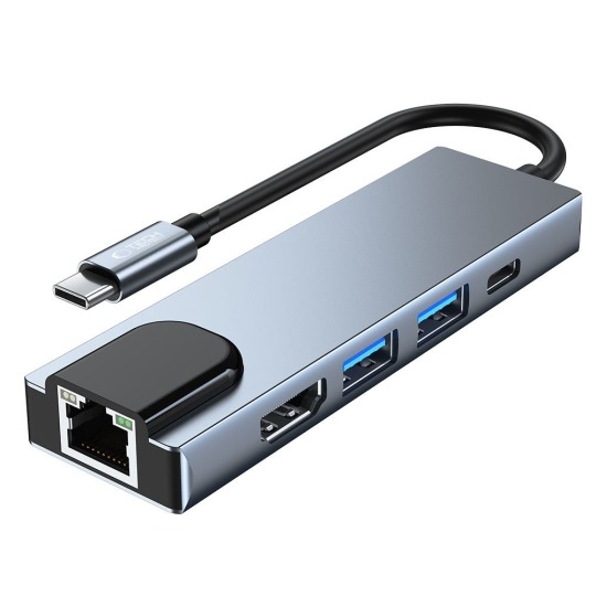Hub USB-C 5 în 1 Tech-Protect V3, Aluminiu, HDMI 4K, RJ45 Gigabit Ethernet, USB-C Power Delivery, 2x USB 3.0, gri