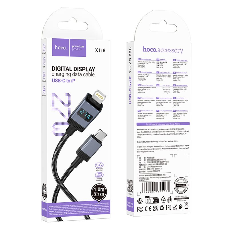Cablu date și încărcare USB-C la Lightning cu display, PD 2,4A, 27W, 1m, Hoco X118, negru