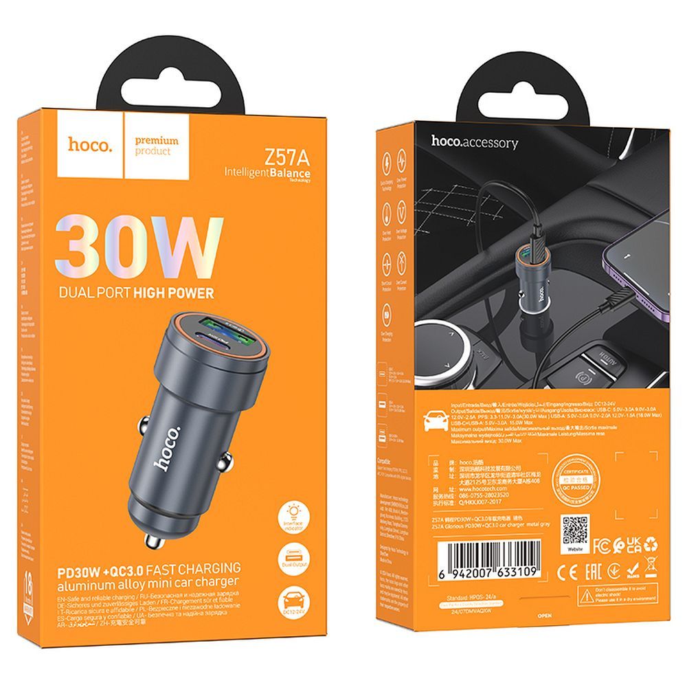 Încărcător auto USB-A + USB-C PD QC3.0, 3A, 30W, Hoco Z57A, gri metalizat