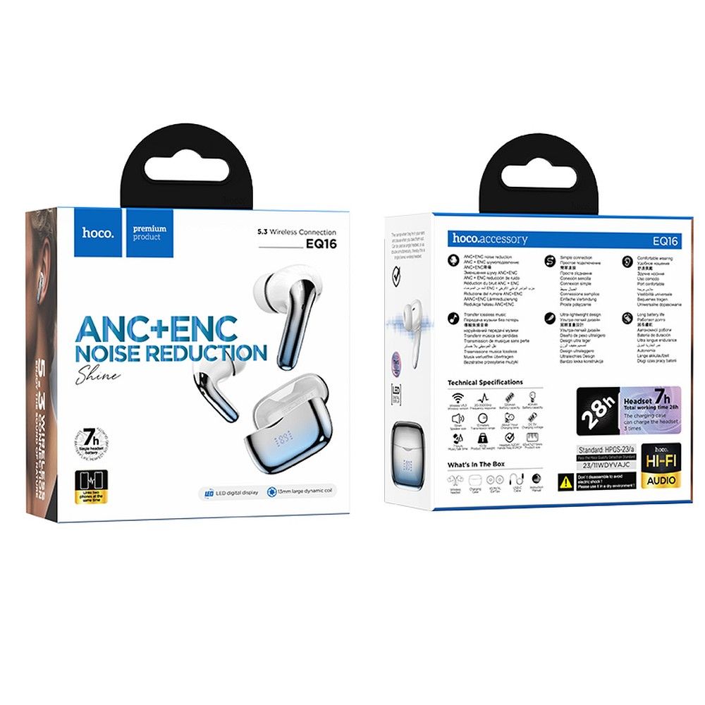 Căști wireless hoco. bluetooth, TWS, ANC + ENC, EQ16, albastru