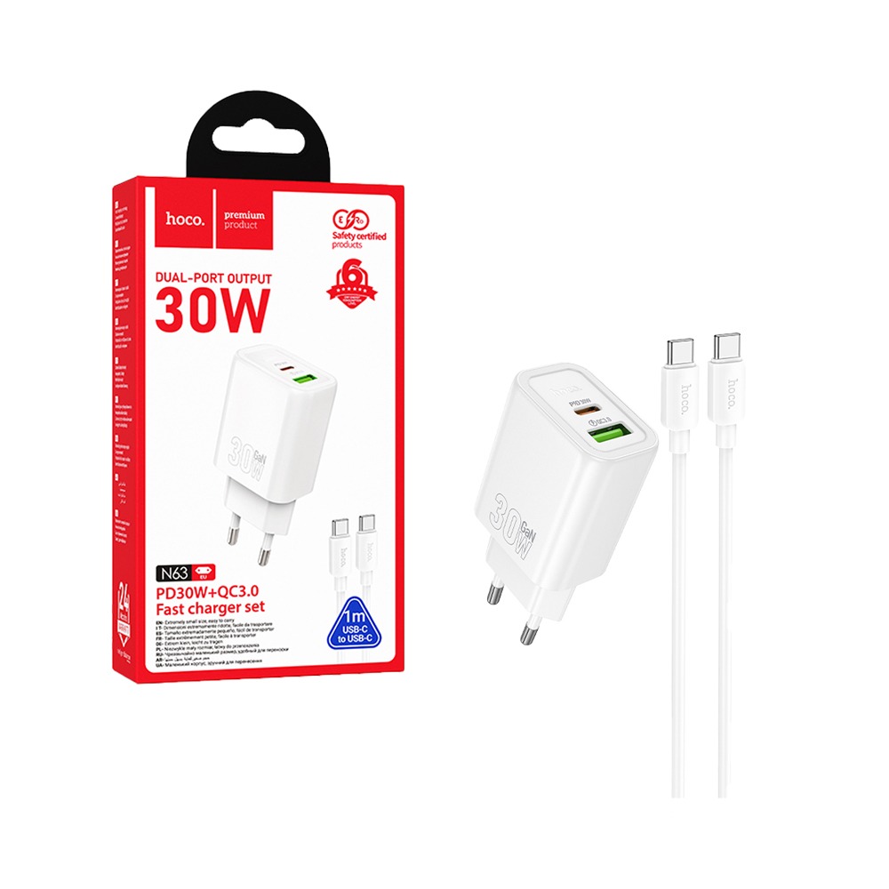 Încărcător telefon USB-A și USB-C + cablu USB-C la USB-C, PD QC3.0 3A 30W, 1m, Hoco N63, alb