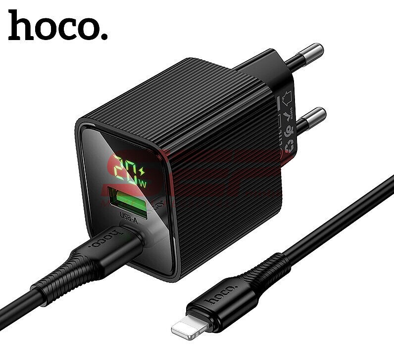Incarcator retea Fast Charge USB-A + USB-C cu cablu Lightning 20W si display digital Hoco. CS83A