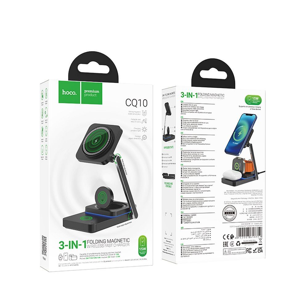 Încărcător wireless hoco. 3 în 1, 15W, pliabil, negru